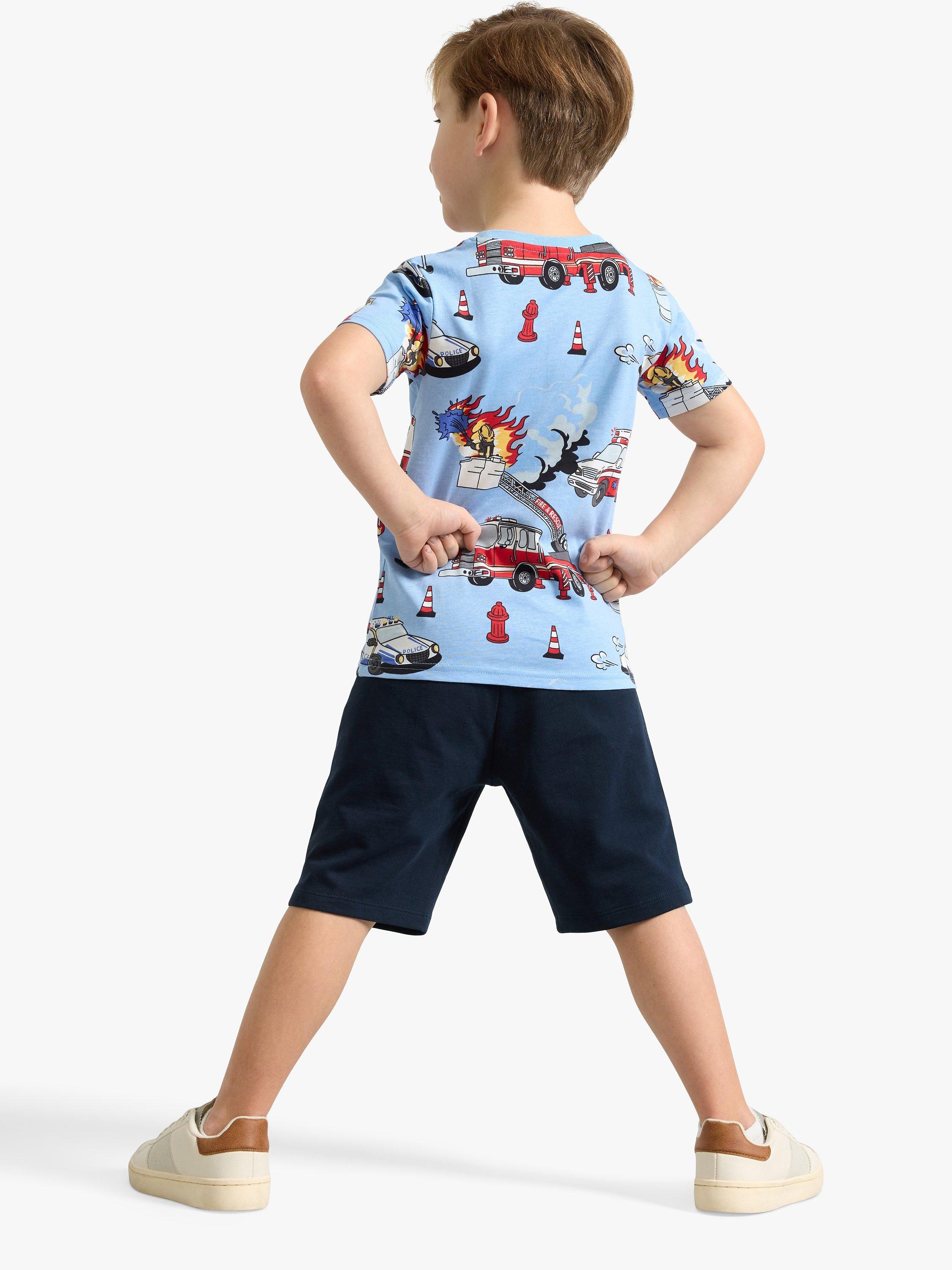 Product image 2 of 7, which shows Lindex Kids' Organic Cotton Vehicle Print Soft Shorts, Dark Navy, 18-24 months