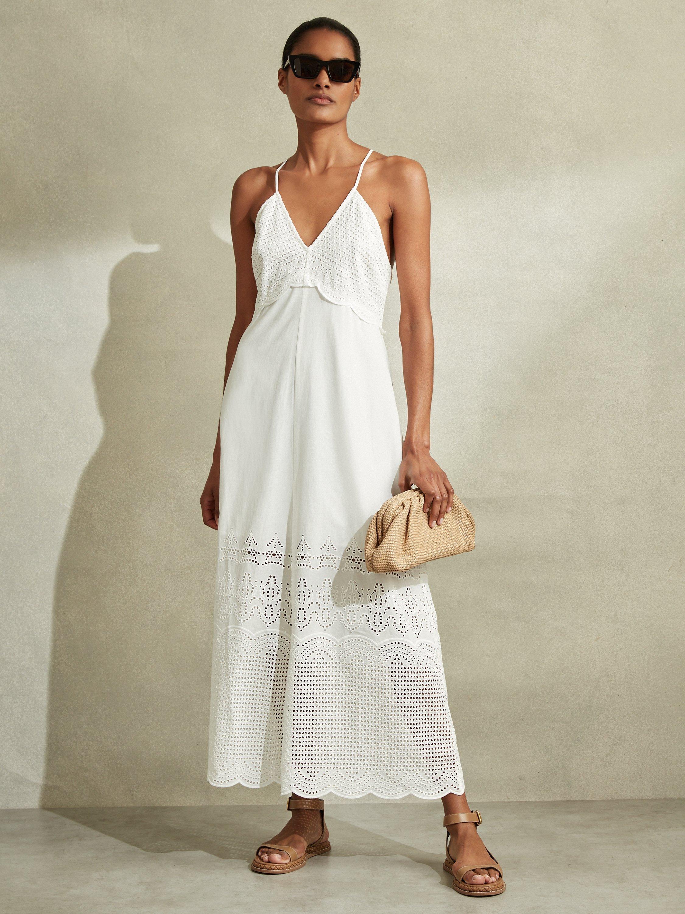 Reiss Tate Broderie Cross Back Maxi Dress, White