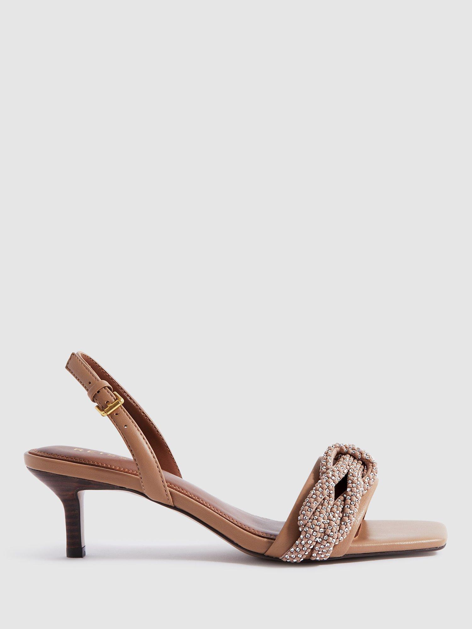 Product image 1 of 5, which shows Reiss Alicia Embellished Kitten Heel Sandals, Tan, 3