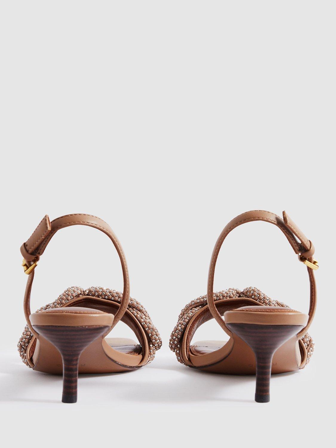 Product image 2 of 5, which shows Reiss Alicia Embellished Kitten Heel Sandals, Tan, 3