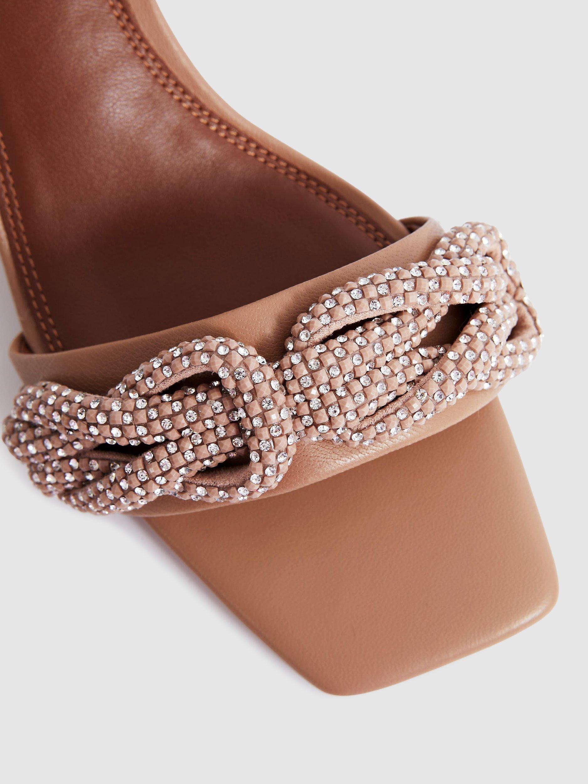 Product image 4 of 5, which shows Reiss Alicia Embellished Kitten Heel Sandals, Tan, 3