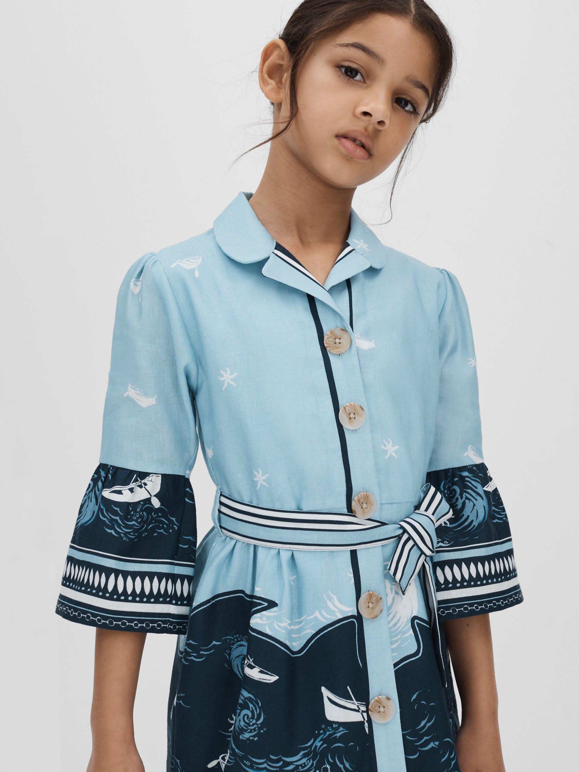 Reiss Kids' Hettie Nautical Print Belted Flare Sleeve Shirt Dress, Blue