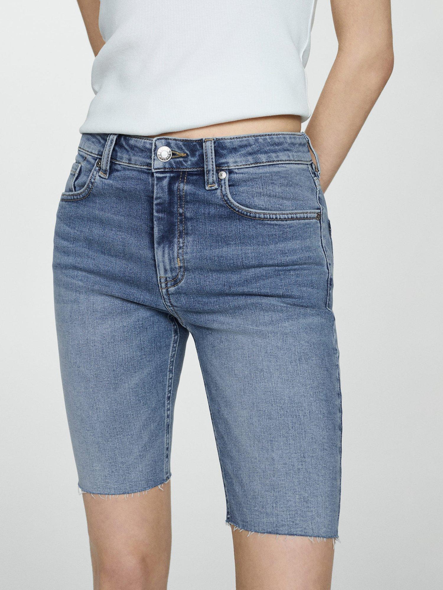 Mango Abril Frayed Hem Denim Shorts, Open Blue