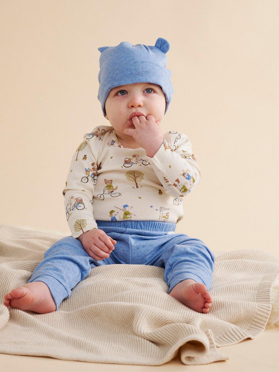 Purebaby Baby Organic Cotton Blend Hat, Bodysuit & Leggings Set, Blue/Multi