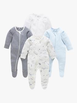 Purebaby Baby Organic Cotton Sleepsuit, Pack of 4, Vanilla Nautical, Vanilla Nautical