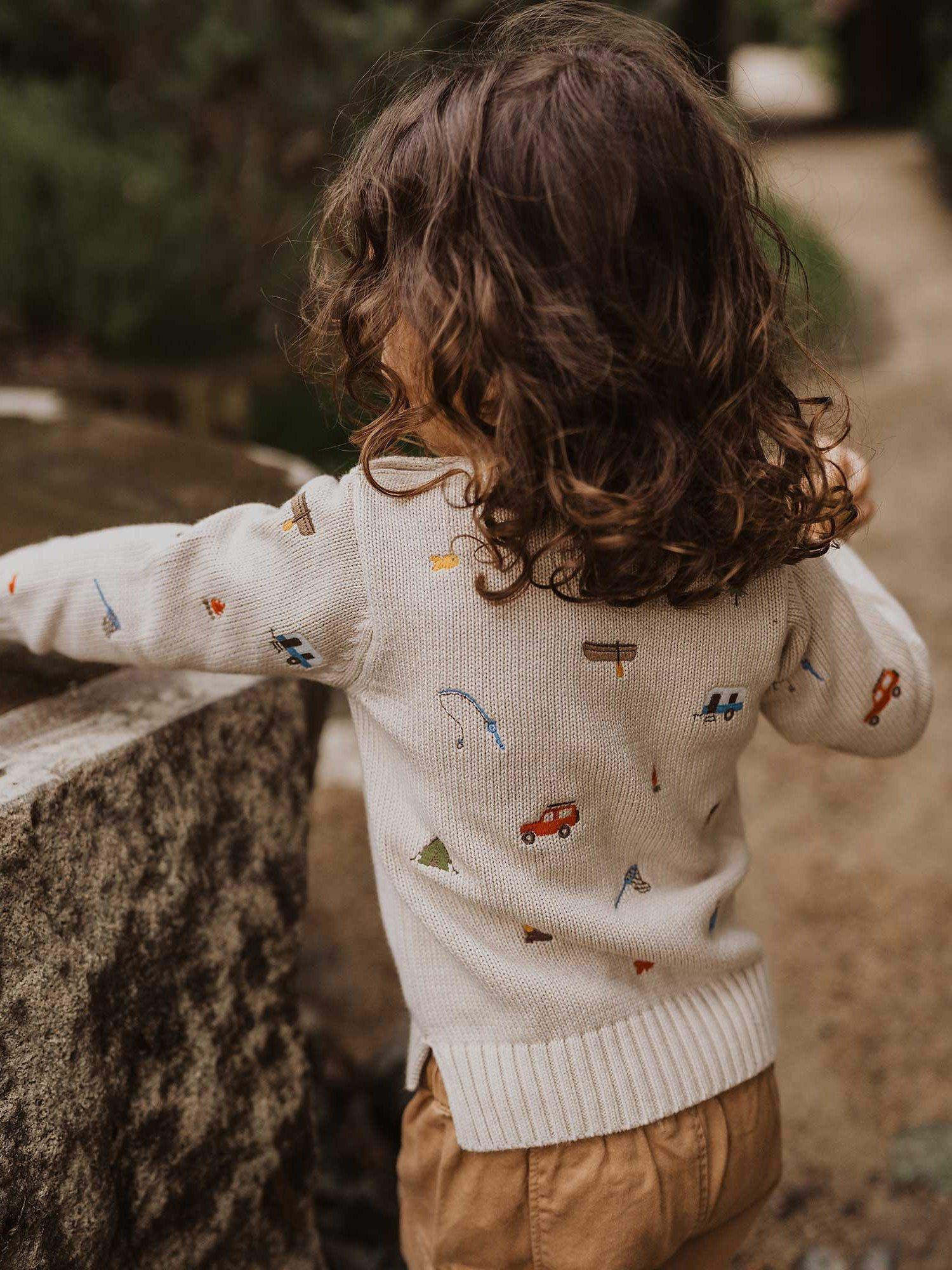 Product image 1 of 5, which shows Purebaby Baby Organic Cotton Gone Fishing Jumper, Oatmeal Melange, 0-3 months