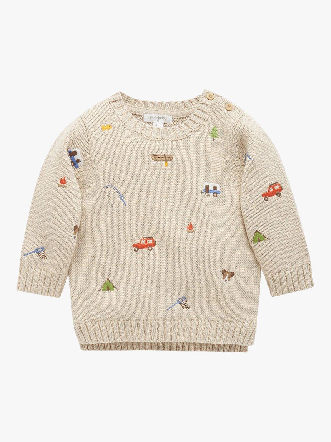 Product image 2 of 5, which shows Purebaby Baby Organic Cotton Gone Fishing Jumper, Oatmeal Melange, 0-3 months