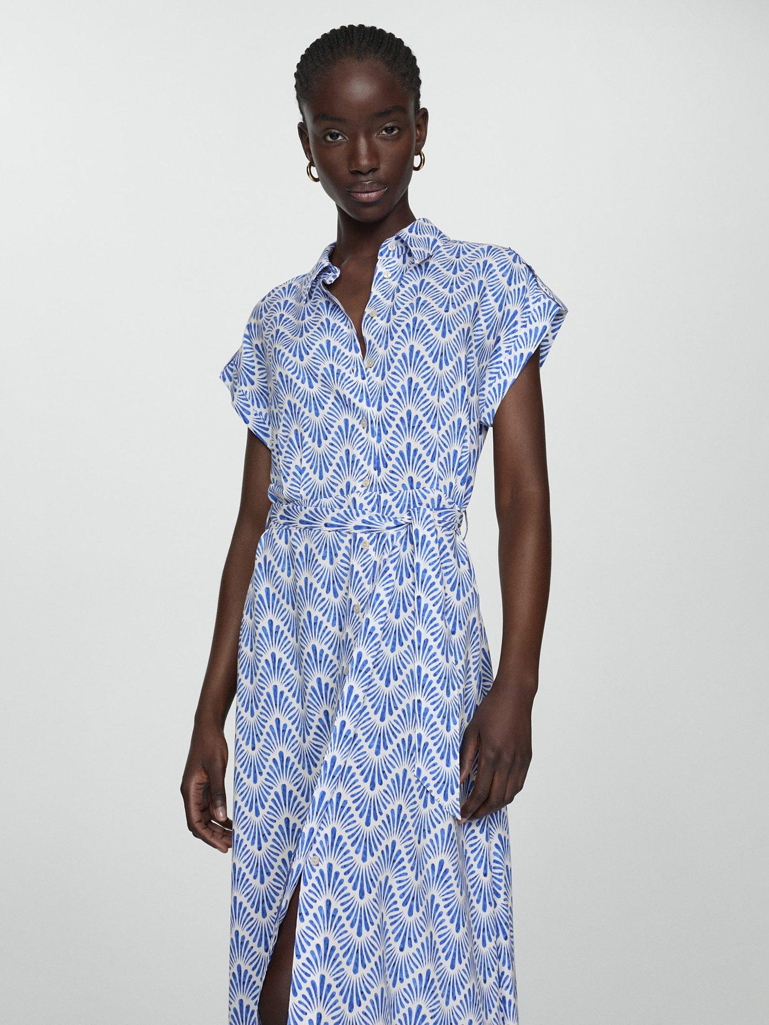 Mango Apple Abstract Print Midi Shirt Dress, Blue/White