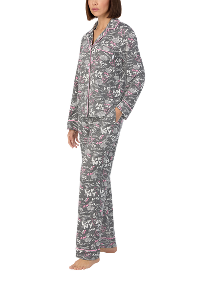 DKNY Graffiti Notch Collar Pyjama Set, Grey/Multi - view 2, Grey/Multi