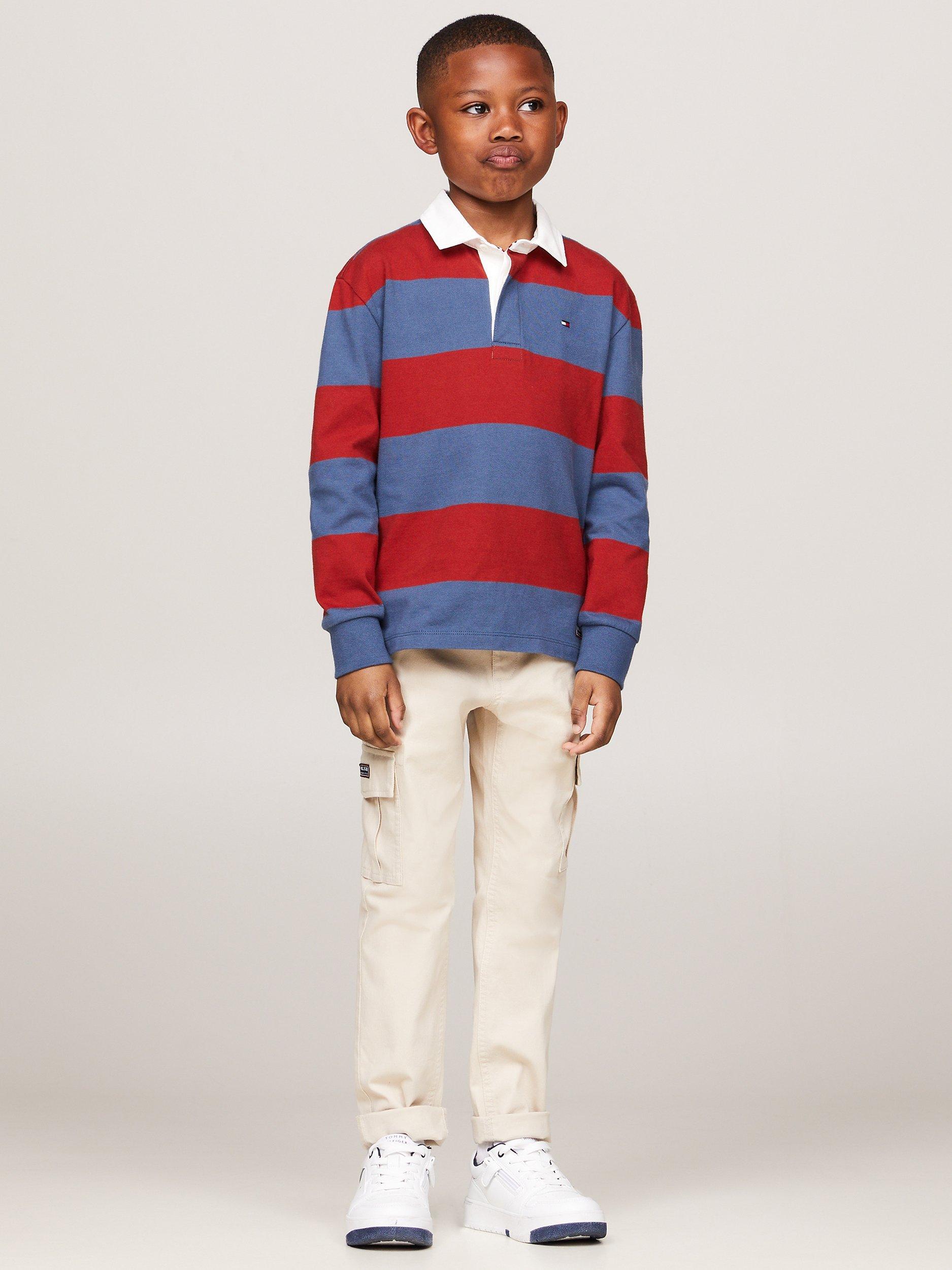 Tommy Hilfiger Kids' Logo Colour Block Long Sleeve Polo Sweatshirt, Red/Blue
