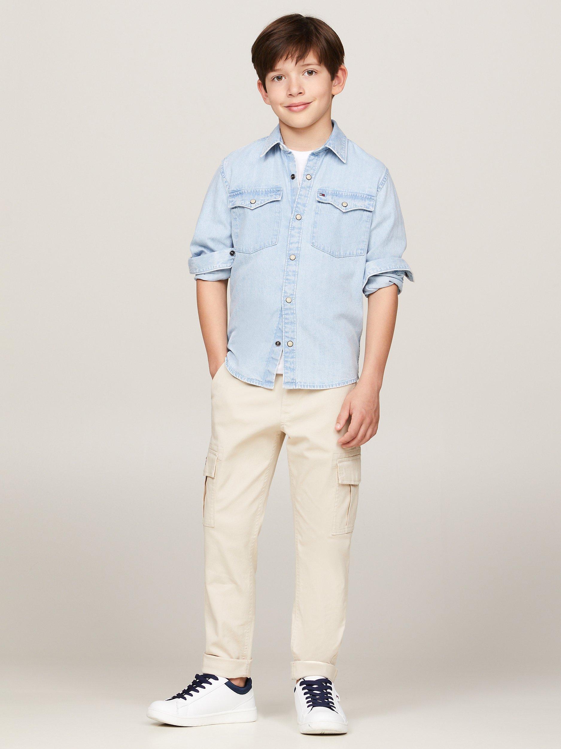 Tommy Hilfiger Kids' Flag Logo Denim Shirt, Denim Mid Wash