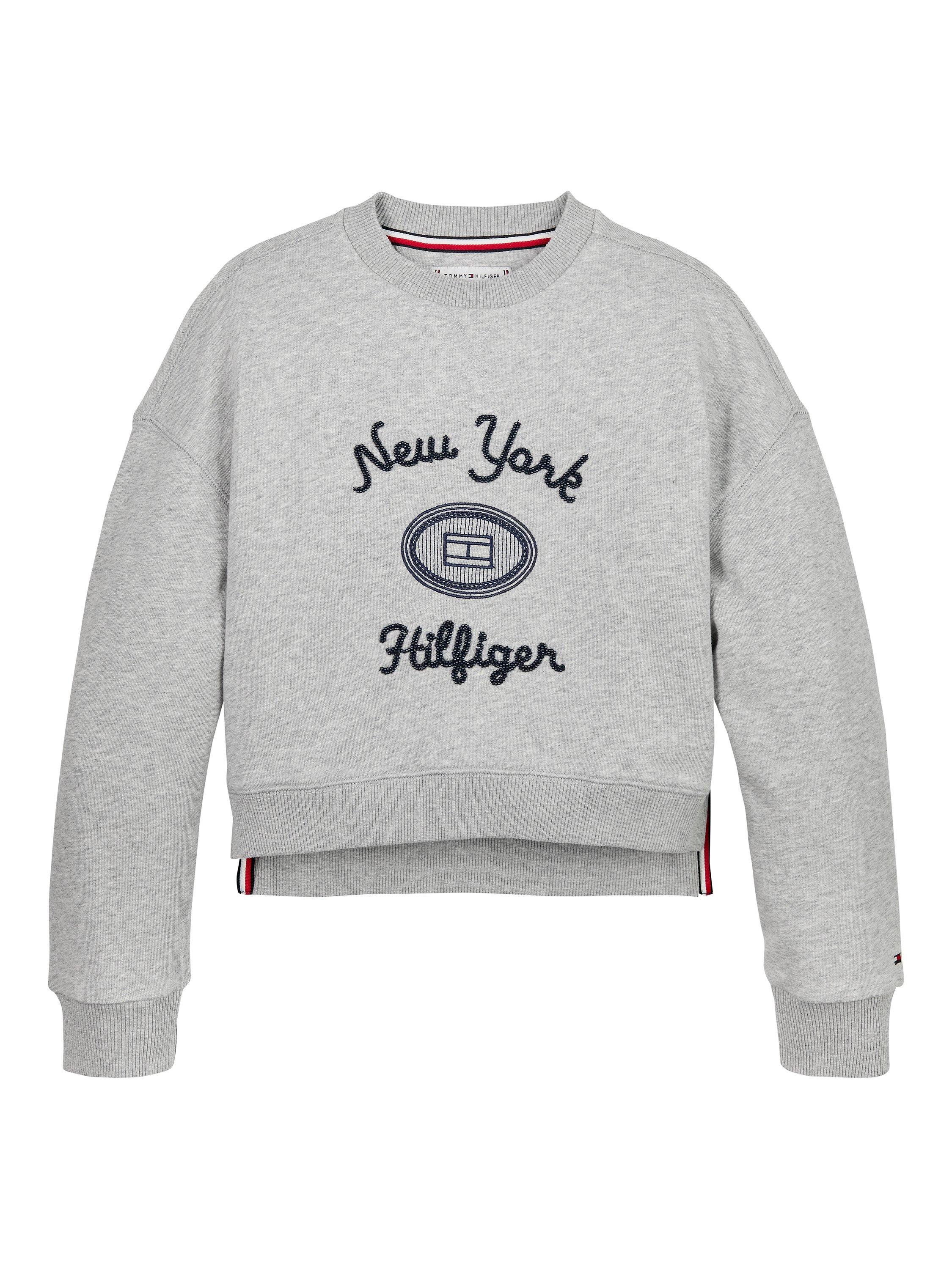 Product image 1 of 3, which shows Tommy Hilfiger Kids' New York Logo Crew Neck Sweatshirt, Light Grey Heather, 6 years