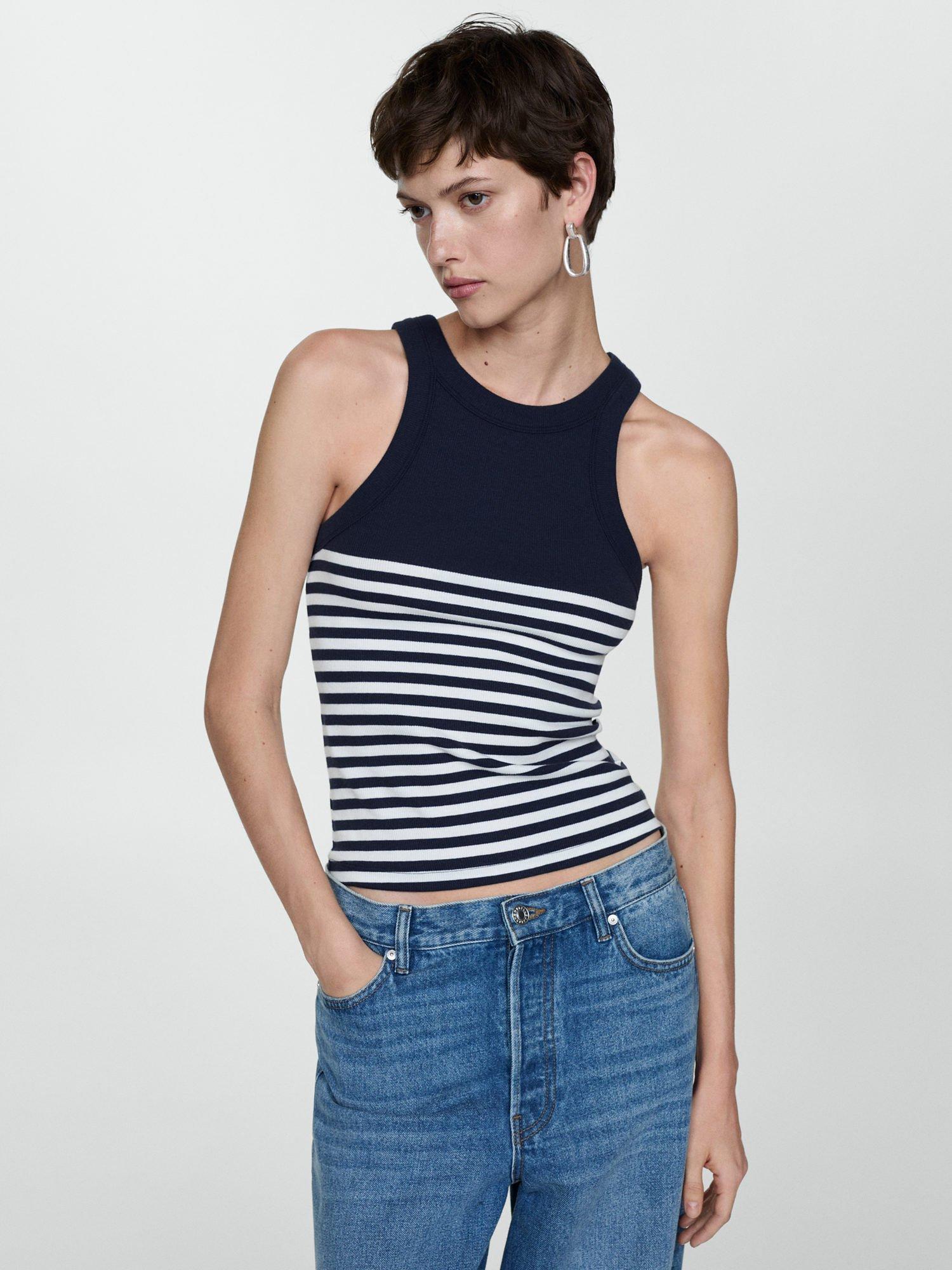 Mango Roni Cotton Blend Striped Vest Top, Navy/White, M