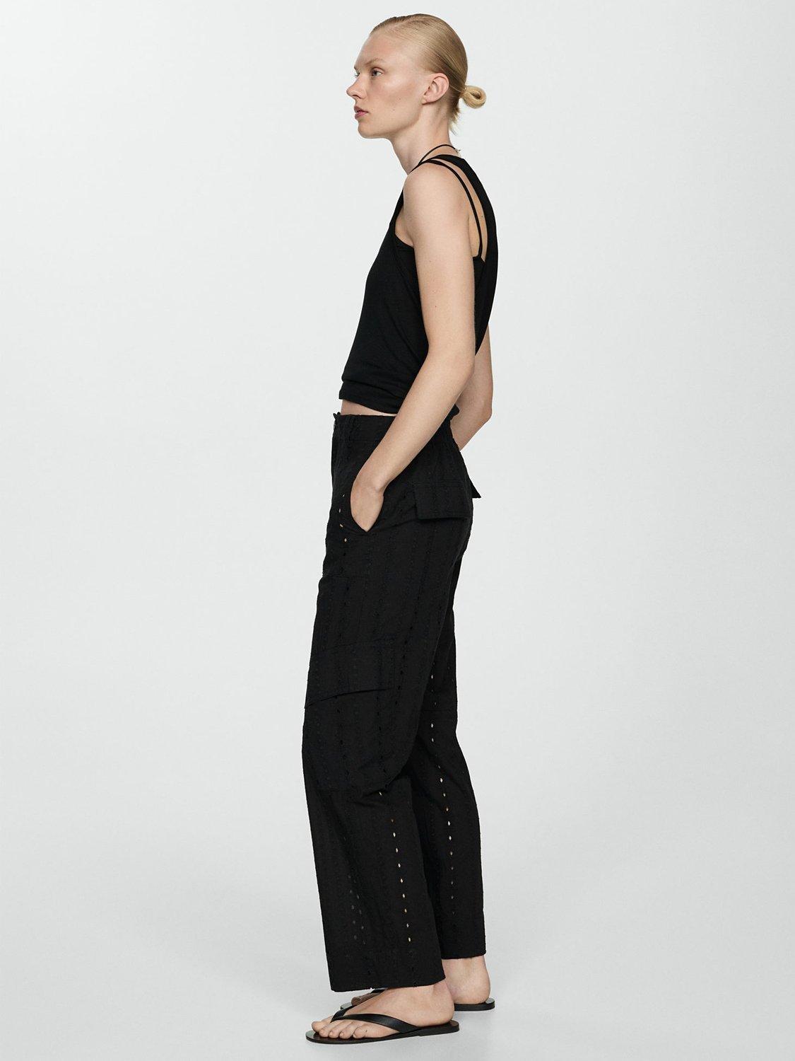 Mango Oslo Embroidered Cotton Trousers, Black