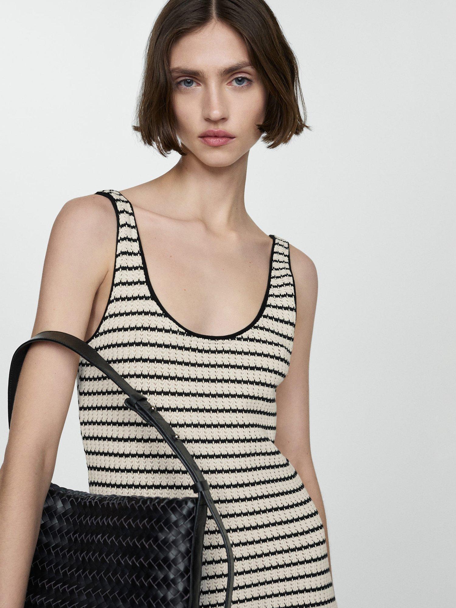 Mango Matildo Cotton Blend Stripe Midi Dress, Beige/Black