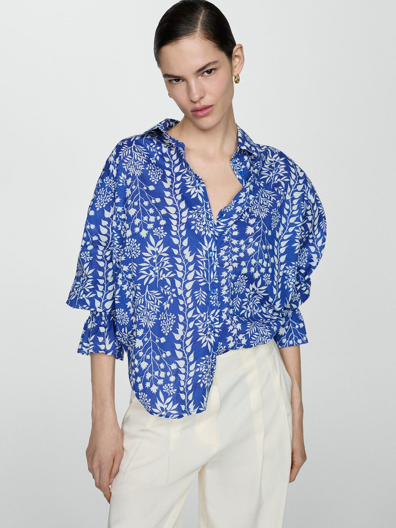 Mango Tropez Ruched Sleeve Shirt, Medium Blue