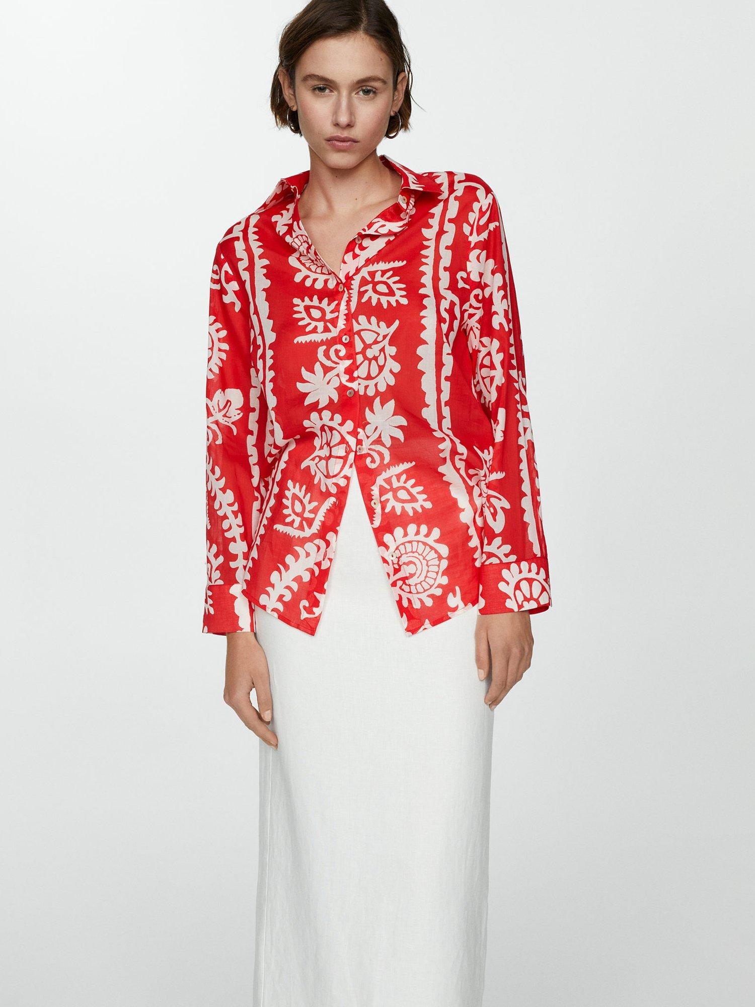 Mango Nemo Floral Print Cotton Shirt, Red/White