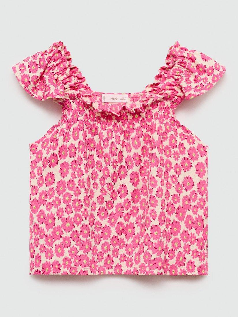 Mango Kids' Frida Floral Print Gathered T-Shirt, Bright Pink