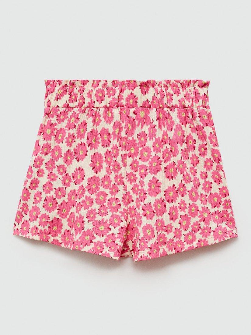 Mango Kids' Kahlo Floral Print Gathered Shorts, Bright Pink