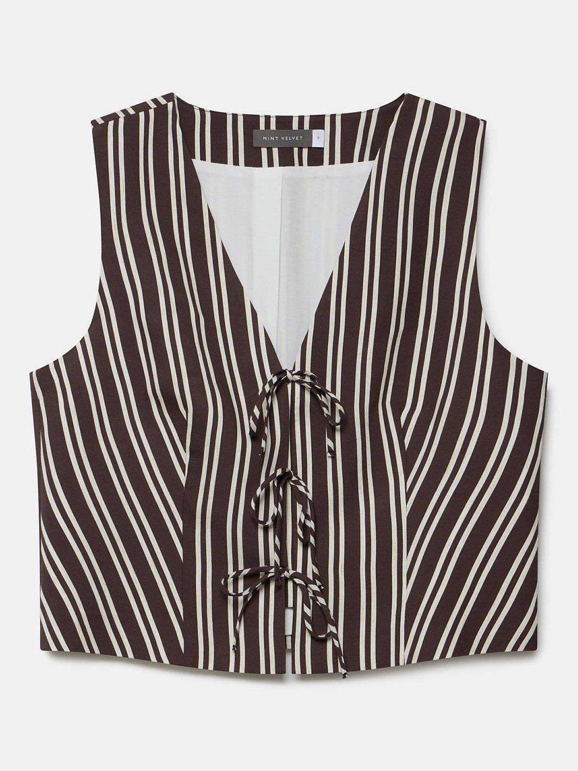 Mint Velvet Striped Tie Front Waistcoat Top, Dark Brown/Cream