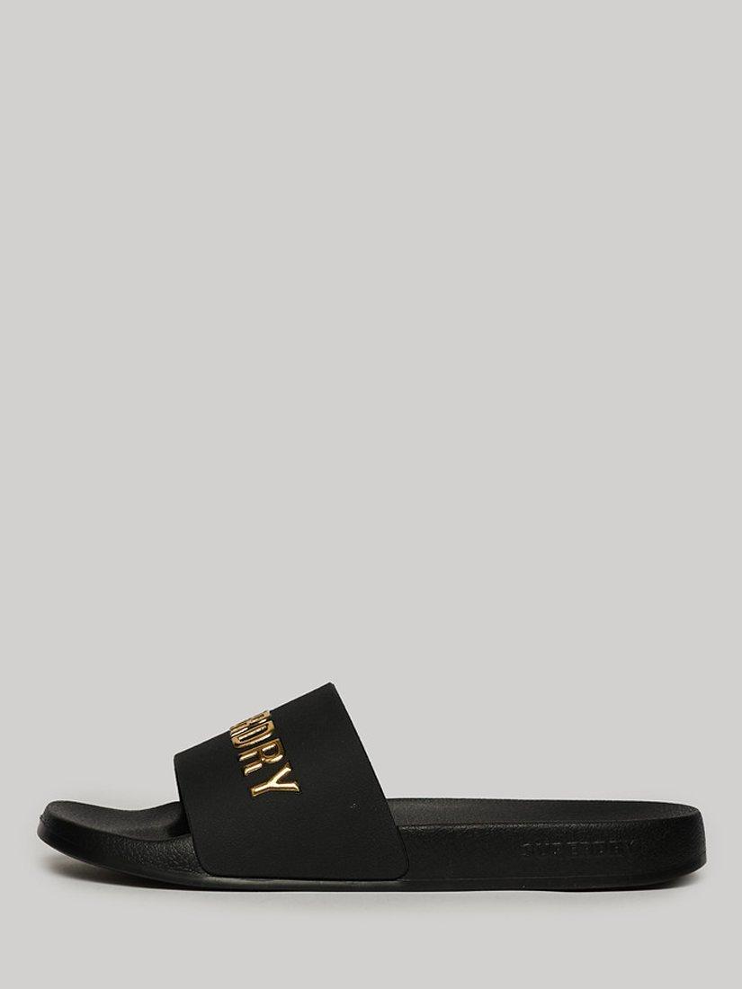 Superdry Vegan Logo Pool Sliders, Black/Metallic Gold, 3-4