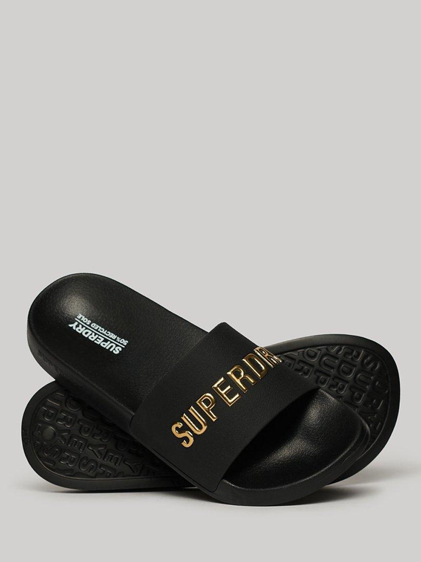 Superdry Vegan Logo Pool Sliders, Black/Metallic Gold, 3-4