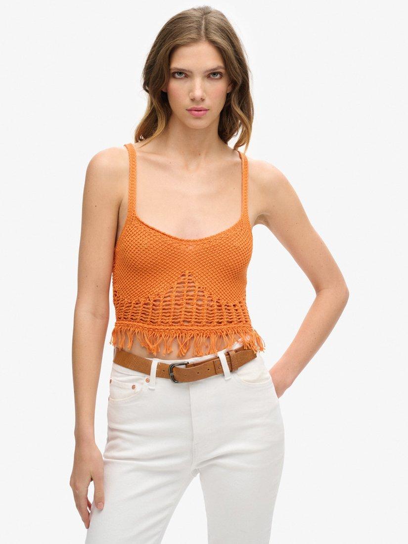 Product image 1 of 5, which shows Superdry Vintage Crochet Fringe Top, Spiced Orange, 8