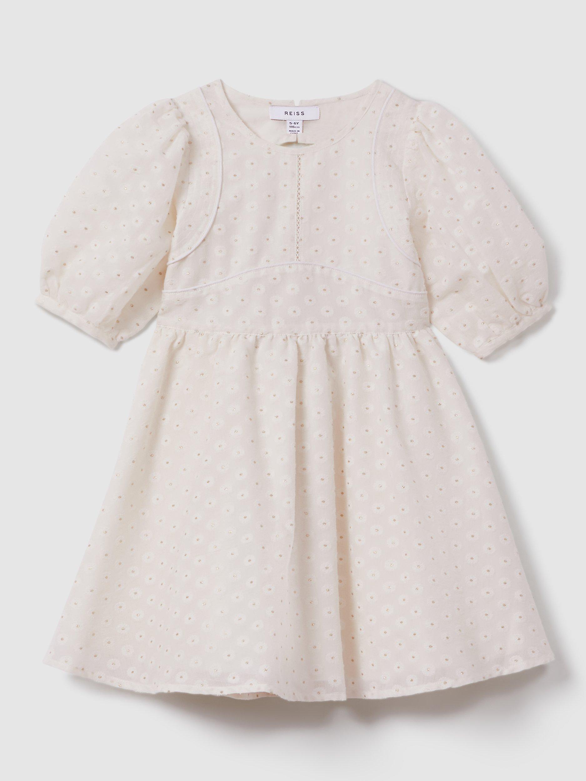 Product image 2 of 4, which shows Reiss Kids' Lola Metallic Polka Dot Dress, Ivory, 4-5 years