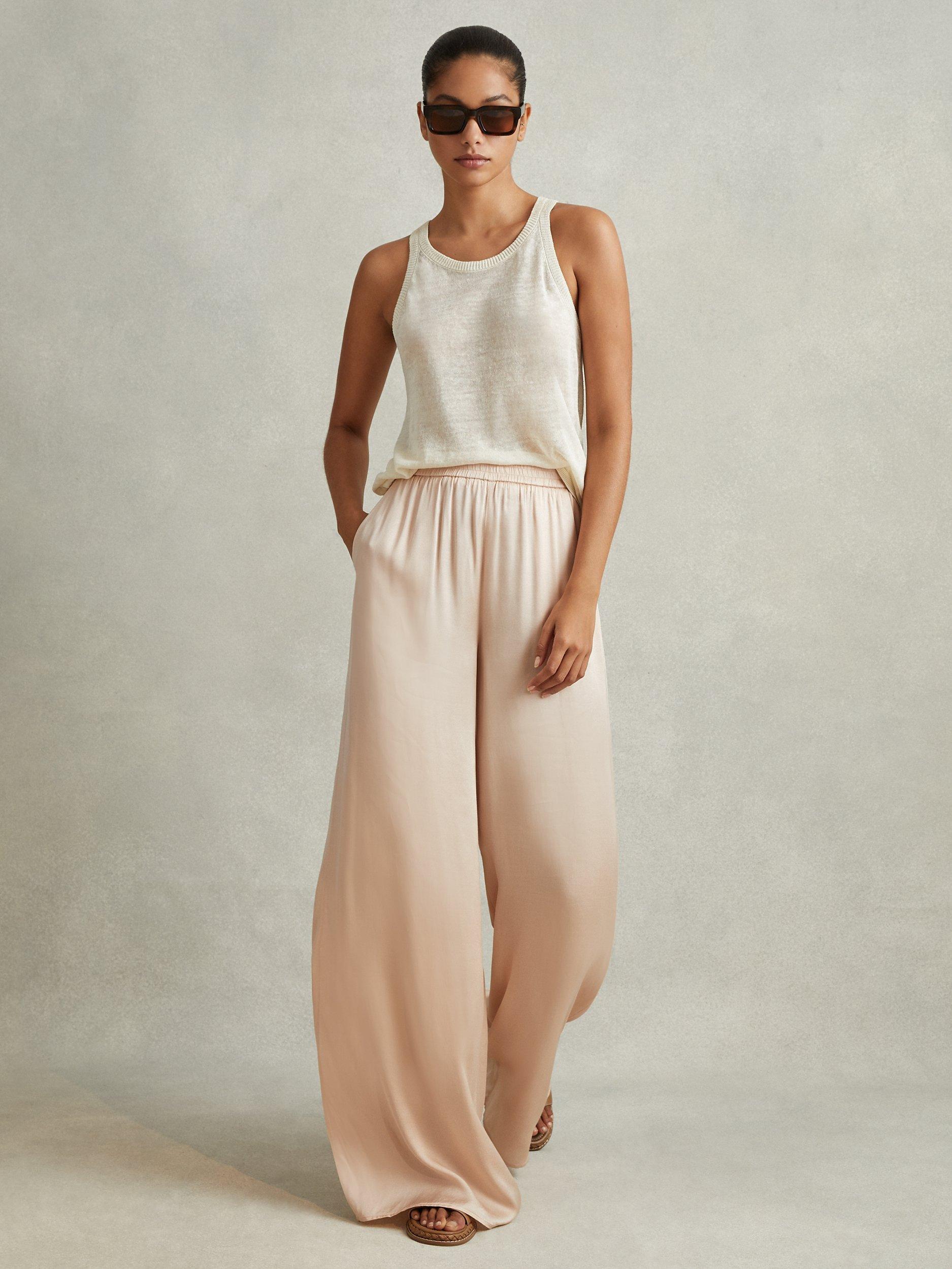 Reiss Yara Wide Leg Satin Trousers, Champagne