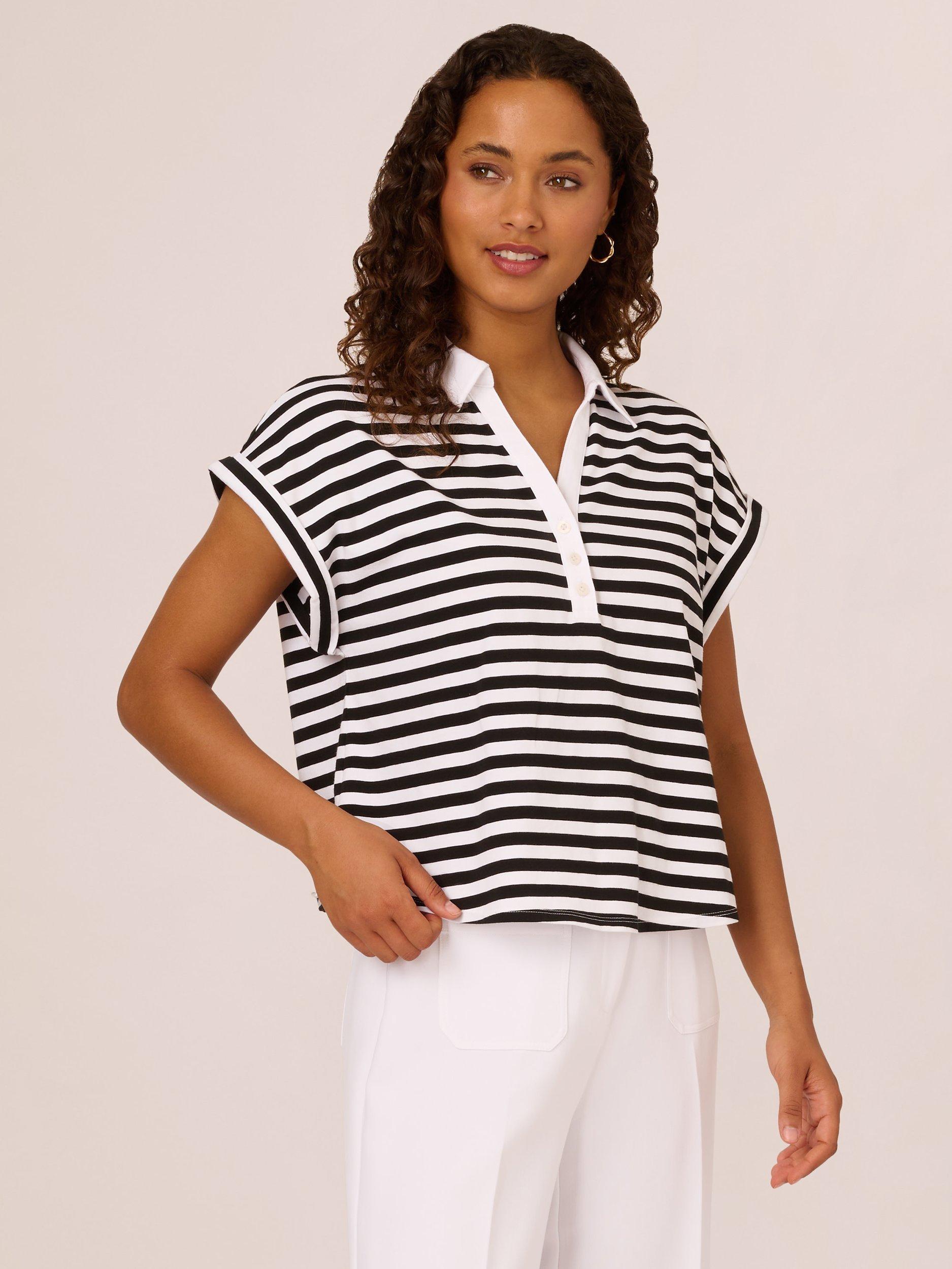 Product image 1 of 7, which shows Adrianna Papell Stripe Cropped Polo Shirt, Ivory/Black, L