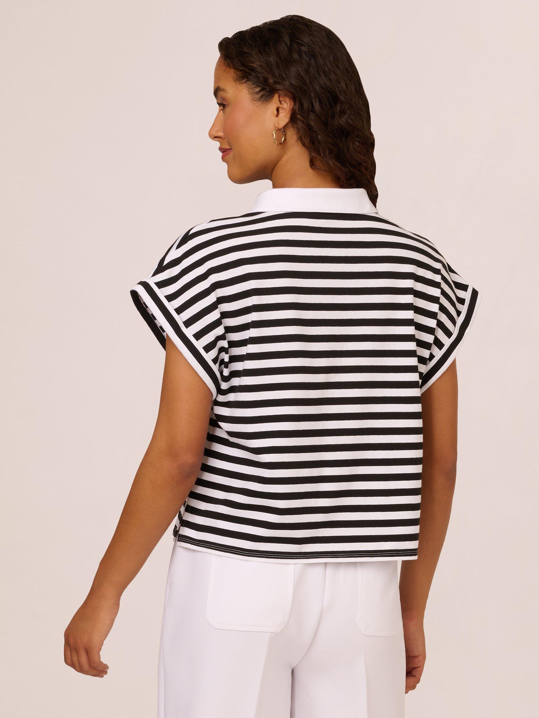 Product image 2 of 7, which shows Adrianna Papell Stripe Cropped Polo Shirt, Ivory/Black, L