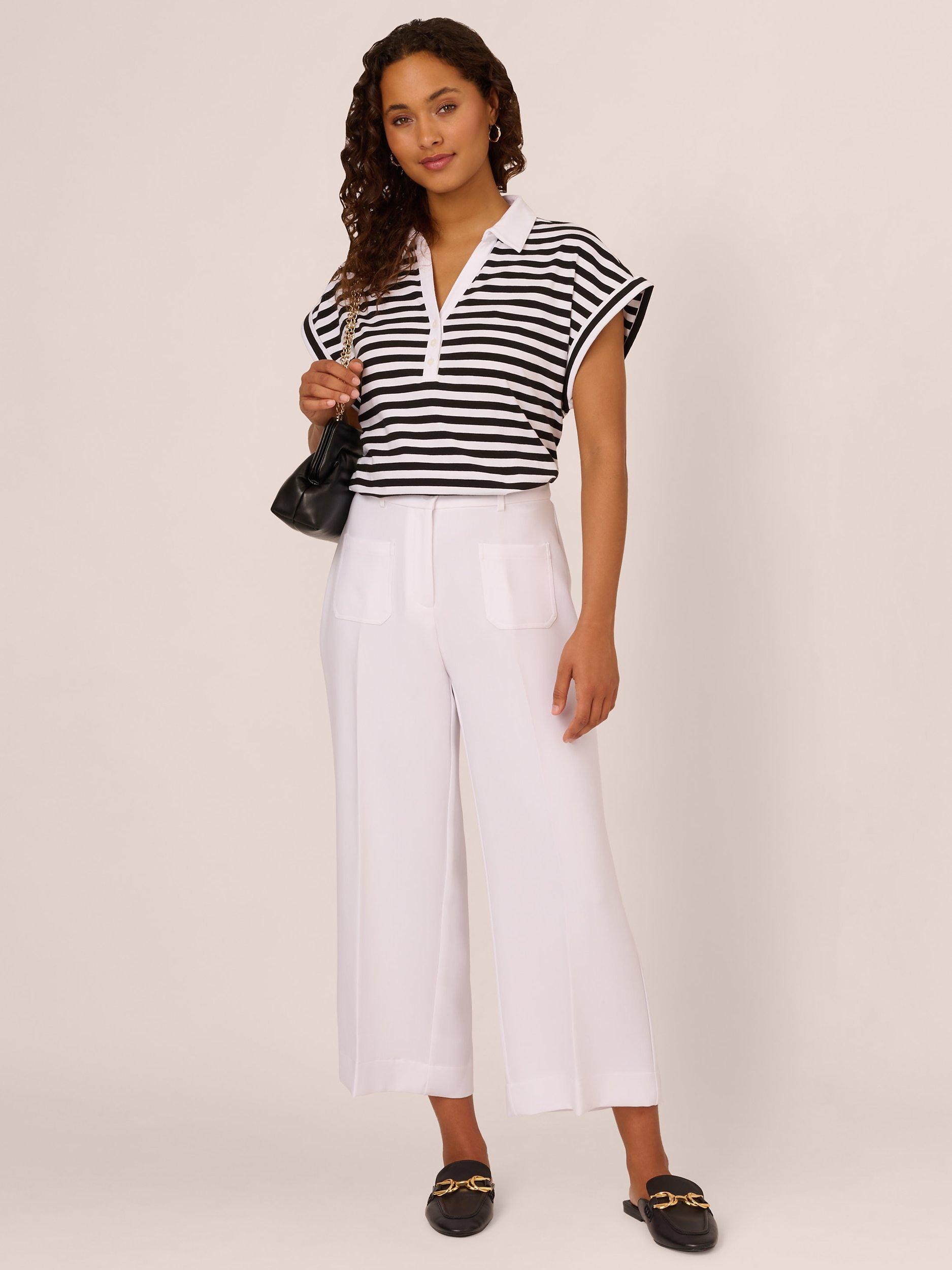 Product image 3 of 7, which shows Adrianna Papell Stripe Cropped Polo Shirt, Ivory/Black, L