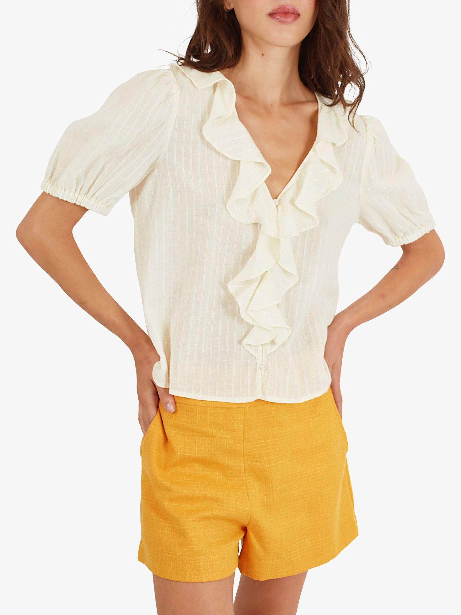 Product image 1 of 6, which shows Traffic People Falls Frill Textured Stripe Shirt, Cream, XS