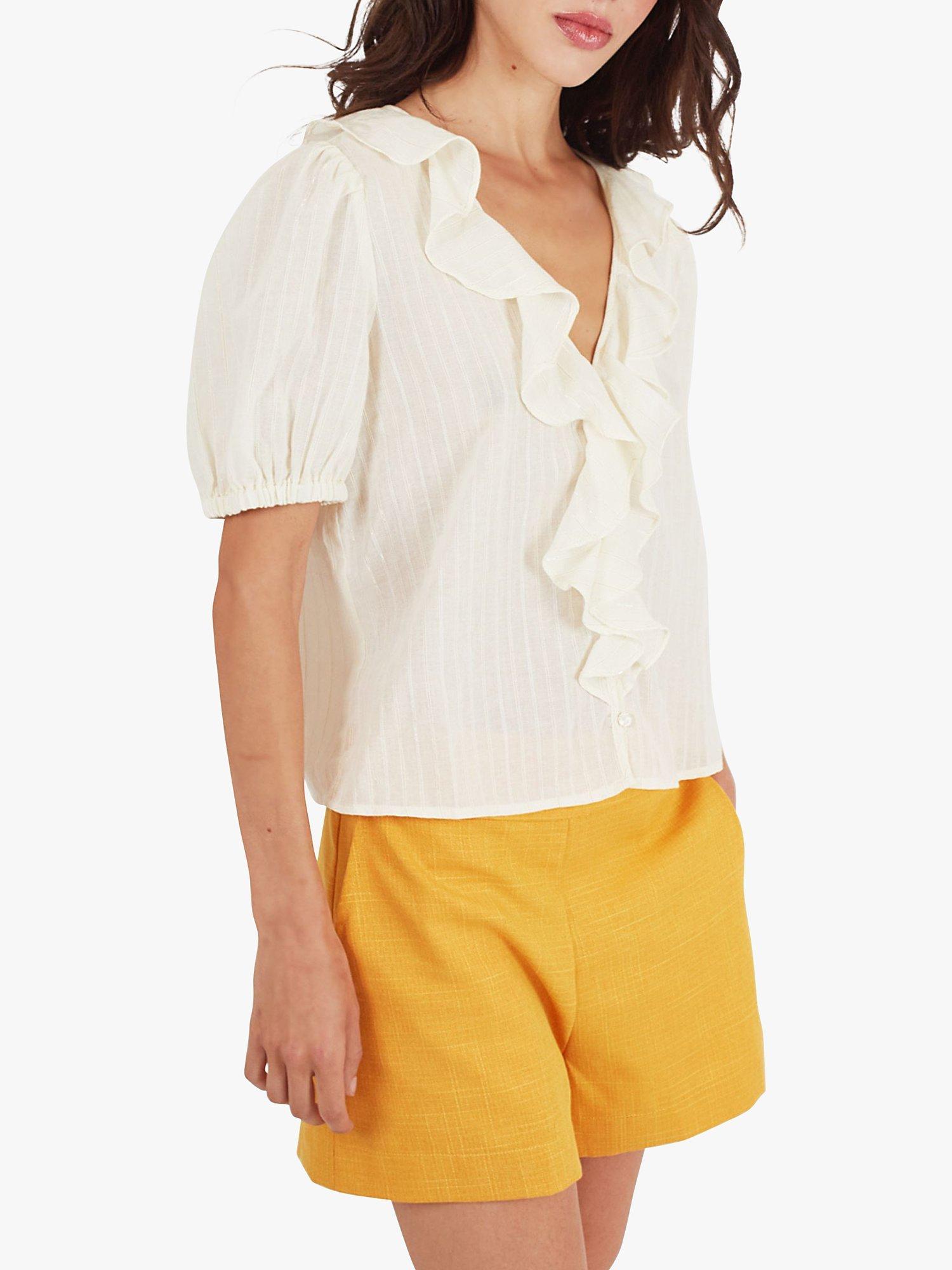 Product image 2 of 6, which shows Traffic People Falls Frill Textured Stripe Shirt, Cream, XS