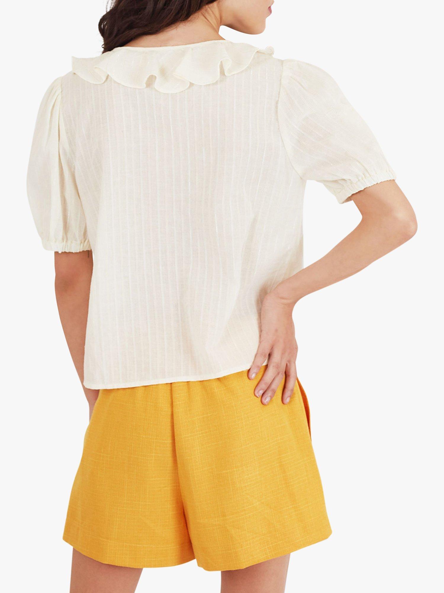 Product image 3 of 6, which shows Traffic People Falls Frill Textured Stripe Shirt, Cream, XS