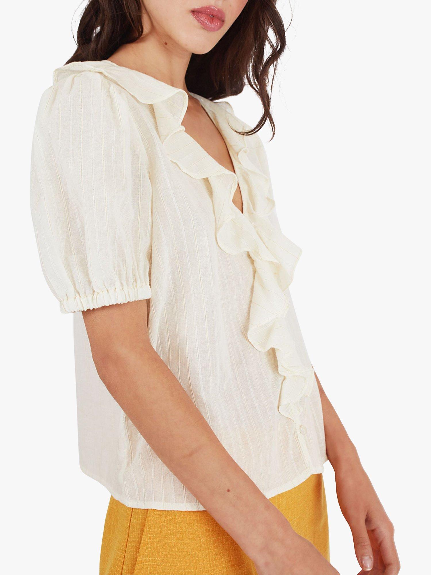 Product image 4 of 6, which shows Traffic People Falls Frill Textured Stripe Shirt, Cream, XS