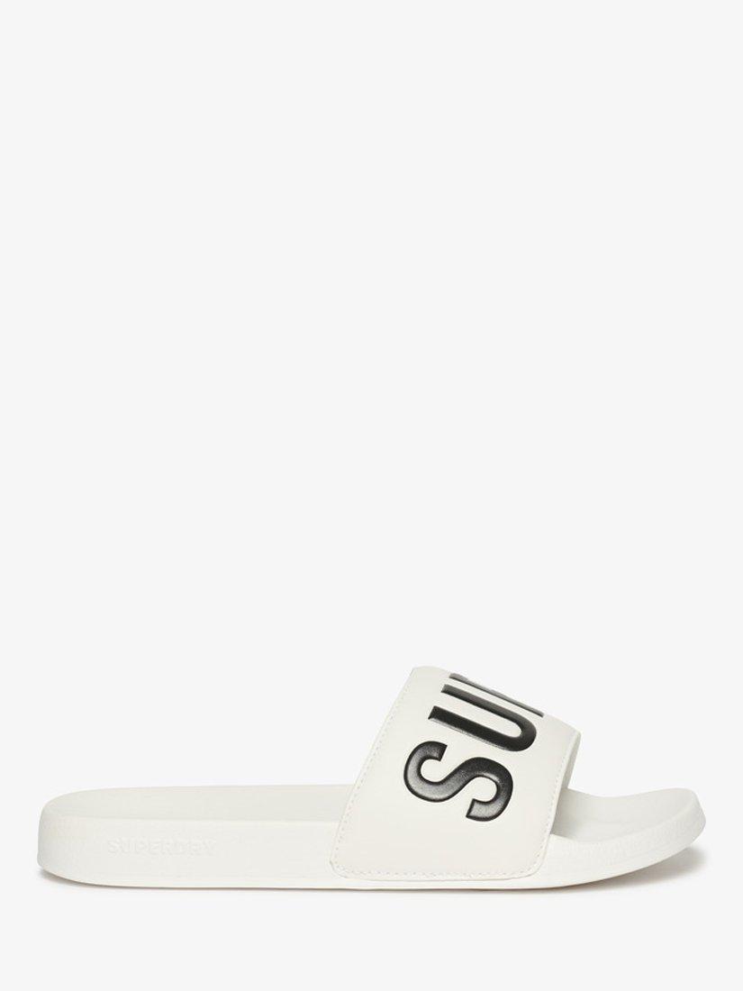 Product image 5 of 9, which shows Superdry Vegan Core Logo Pool Sliders, Optic/Black, 6-7