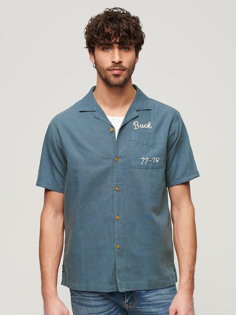 Superdry Resort Linen Blend Short Sleeve Shirt, Lauren Navy