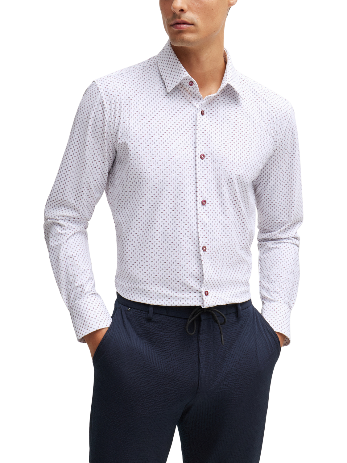 Product image 1 of 6, which shows HUGO BOSS BOSS Performance Slim Fit Shirt, White/Multi, 14.5