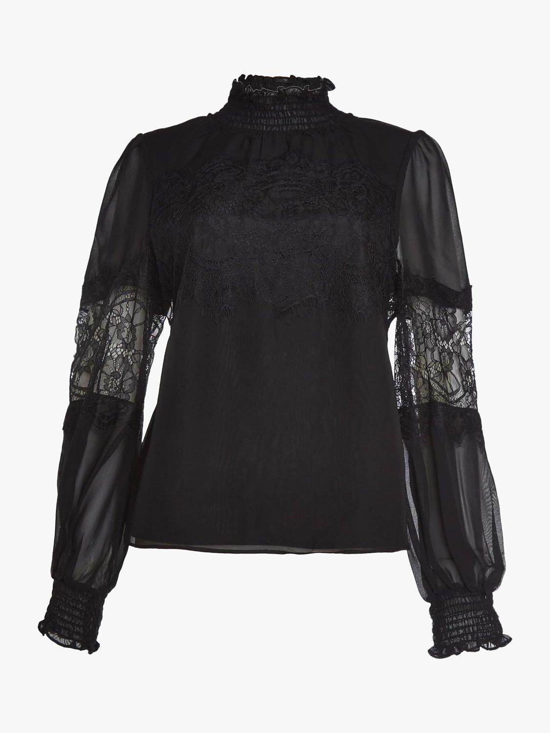 True Decadence Bethany High Neck Lace Trim Blouse, Black
