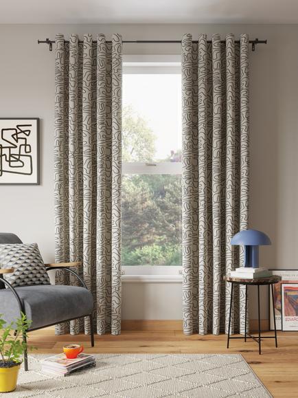 John Lewis Scribble Print Pair Lined Eyelet Curtains, Grey - view 2, Graphite