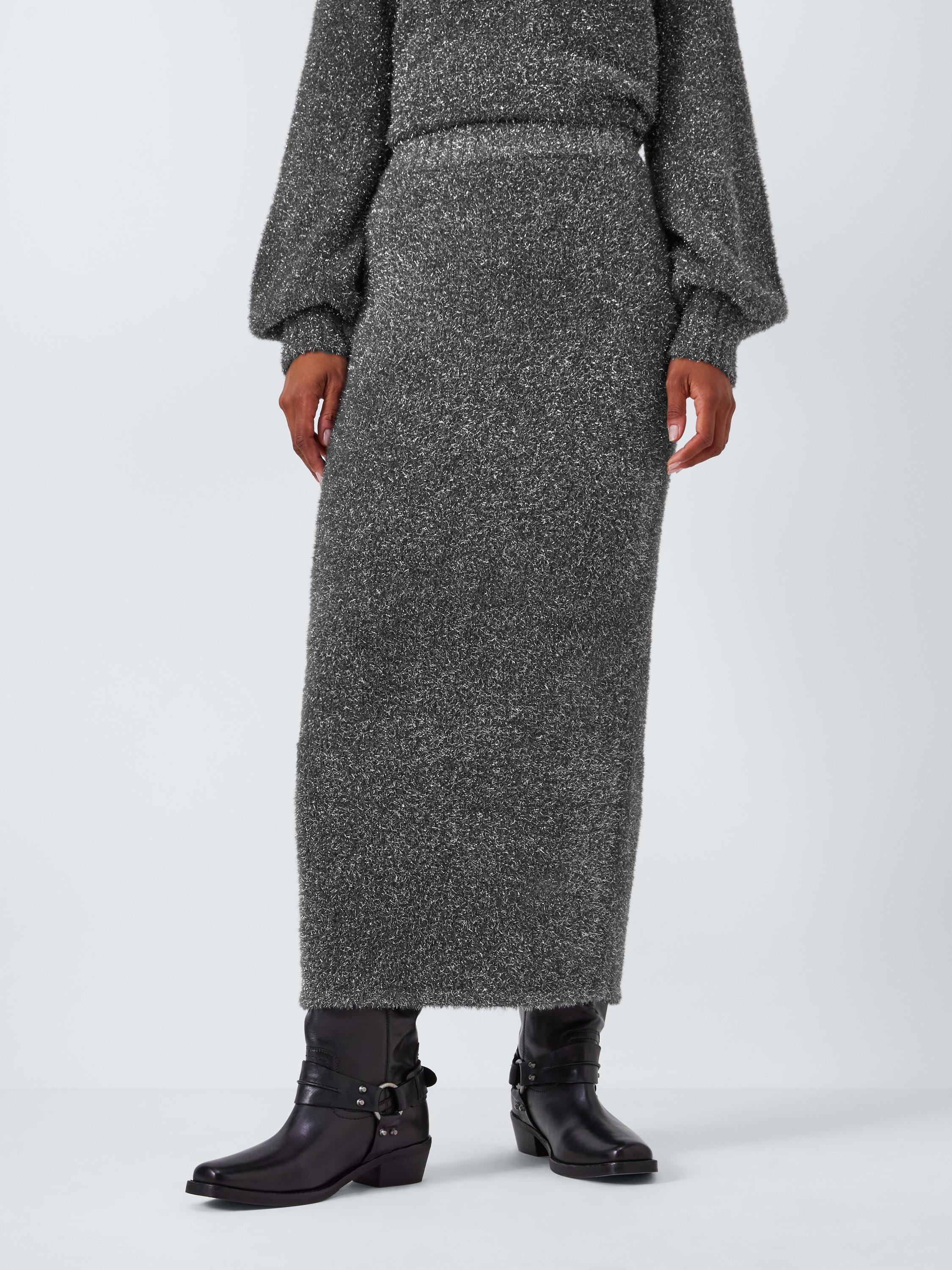 Product image 1 of 6, which shows AND/OR Quinnie Sparkle Knit Skirt, Silver, XS