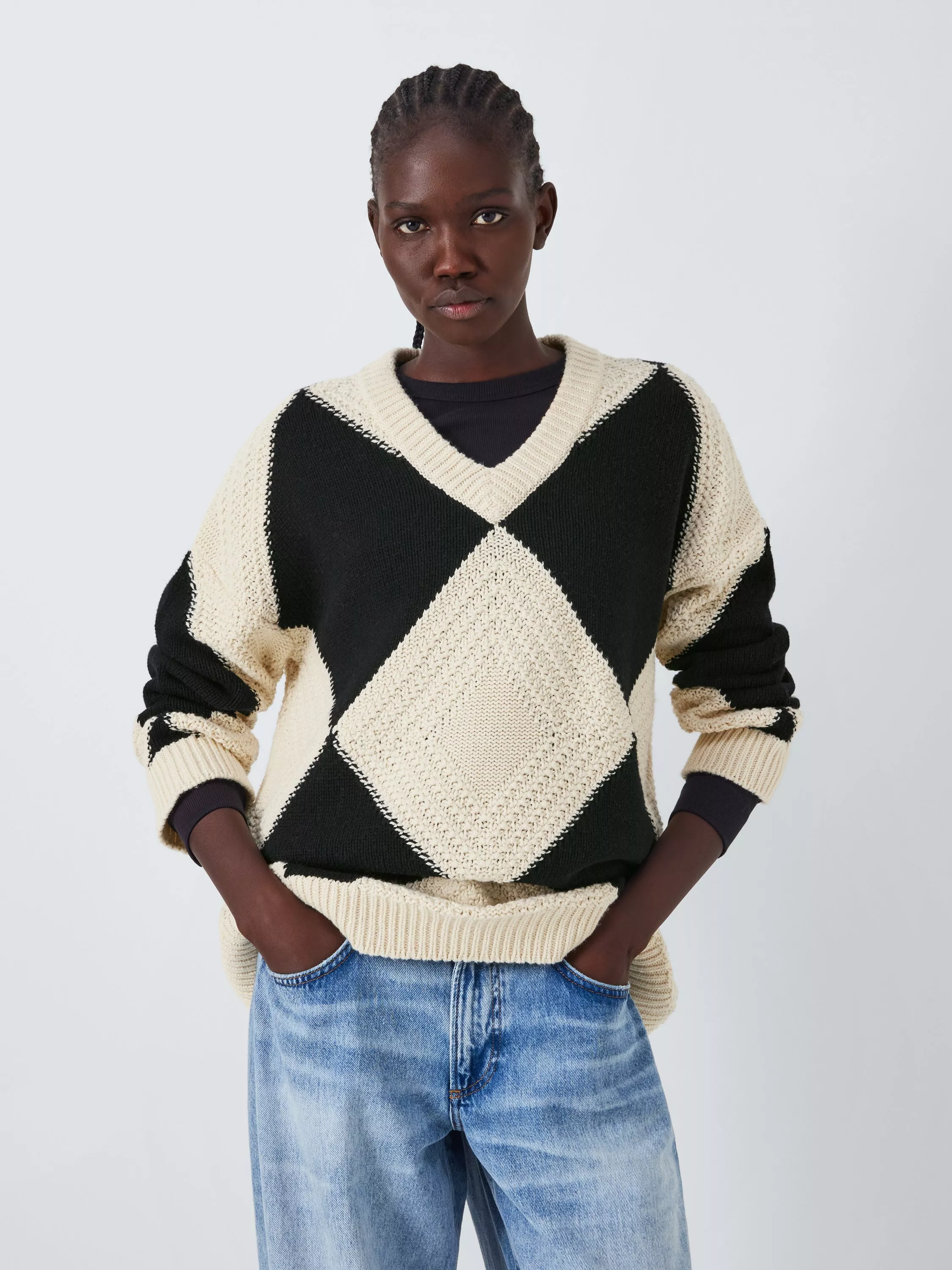 AND/OR Vienna Argyle Wool Blend Jumper, Black/Ivory