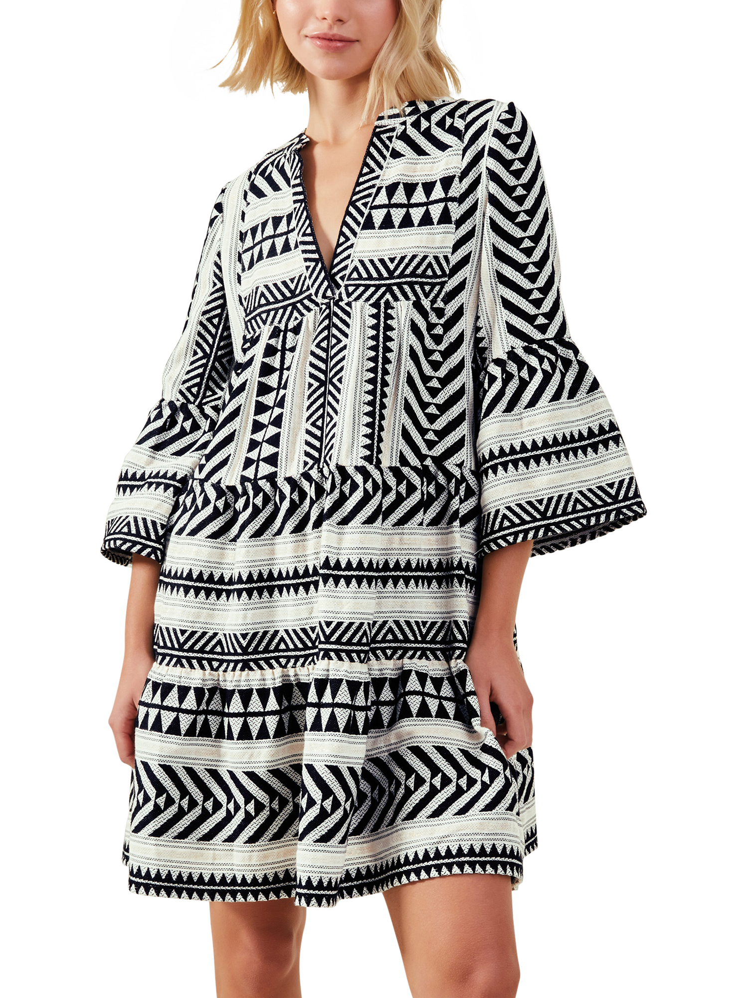 Accessorize Geometric Flute Sleeve Dress, Ivory/Multi