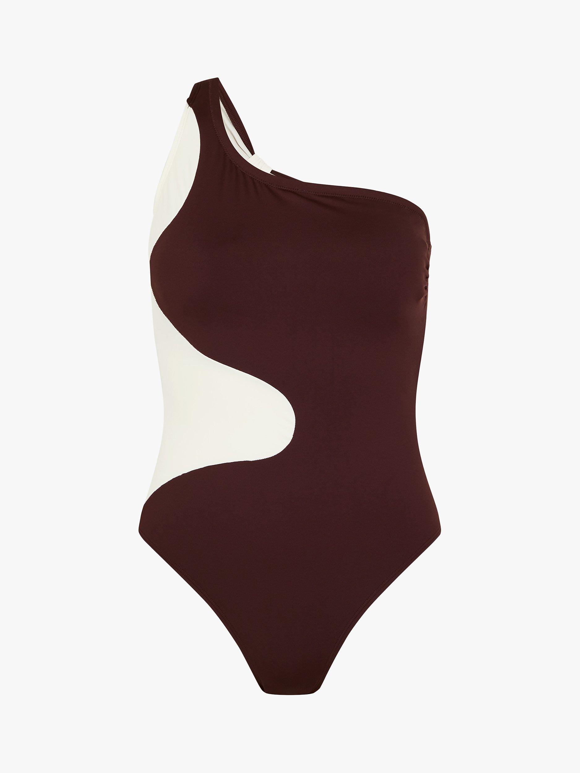 Product image 3 of 4, which shows Accessorize One Shoulder Swimsuit, Chocolate/Cream, 6