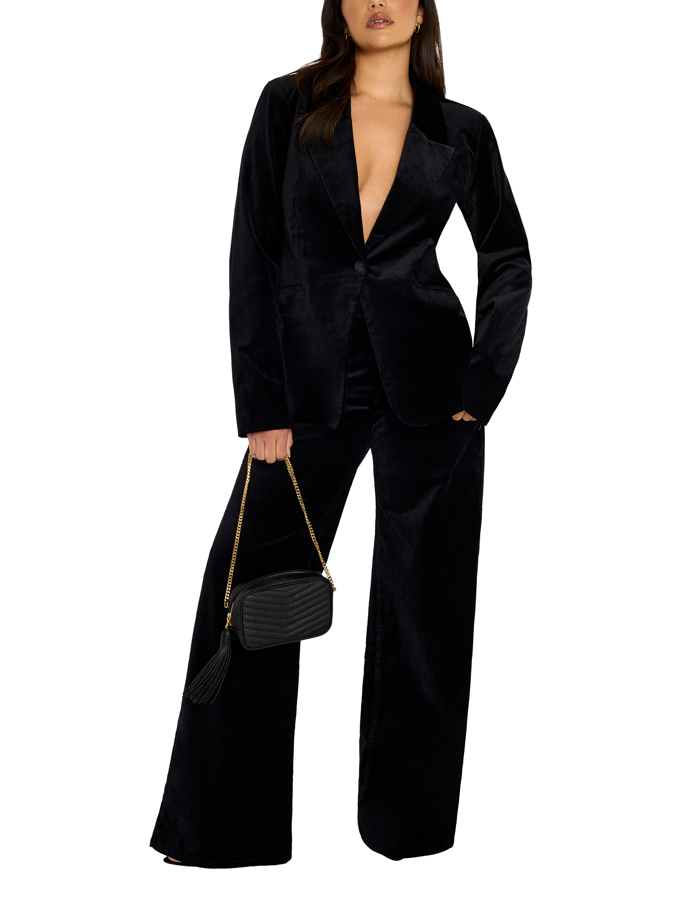 Product image 1 of 4, which shows Good American Velvet Sculpted Blazer, Black, L