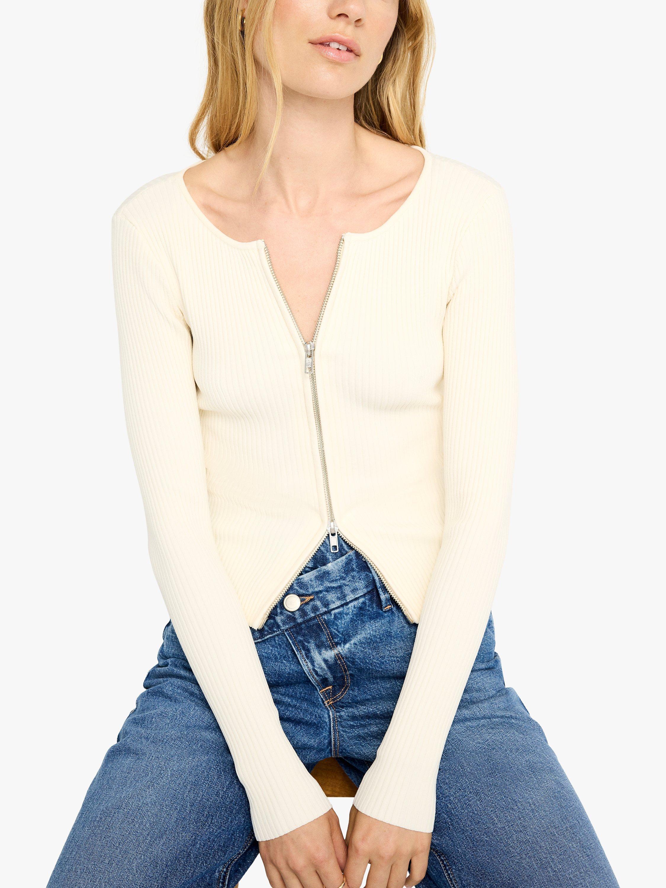 Good American Virgo Ribbed Zip Front Top, Warm Ivory, XS