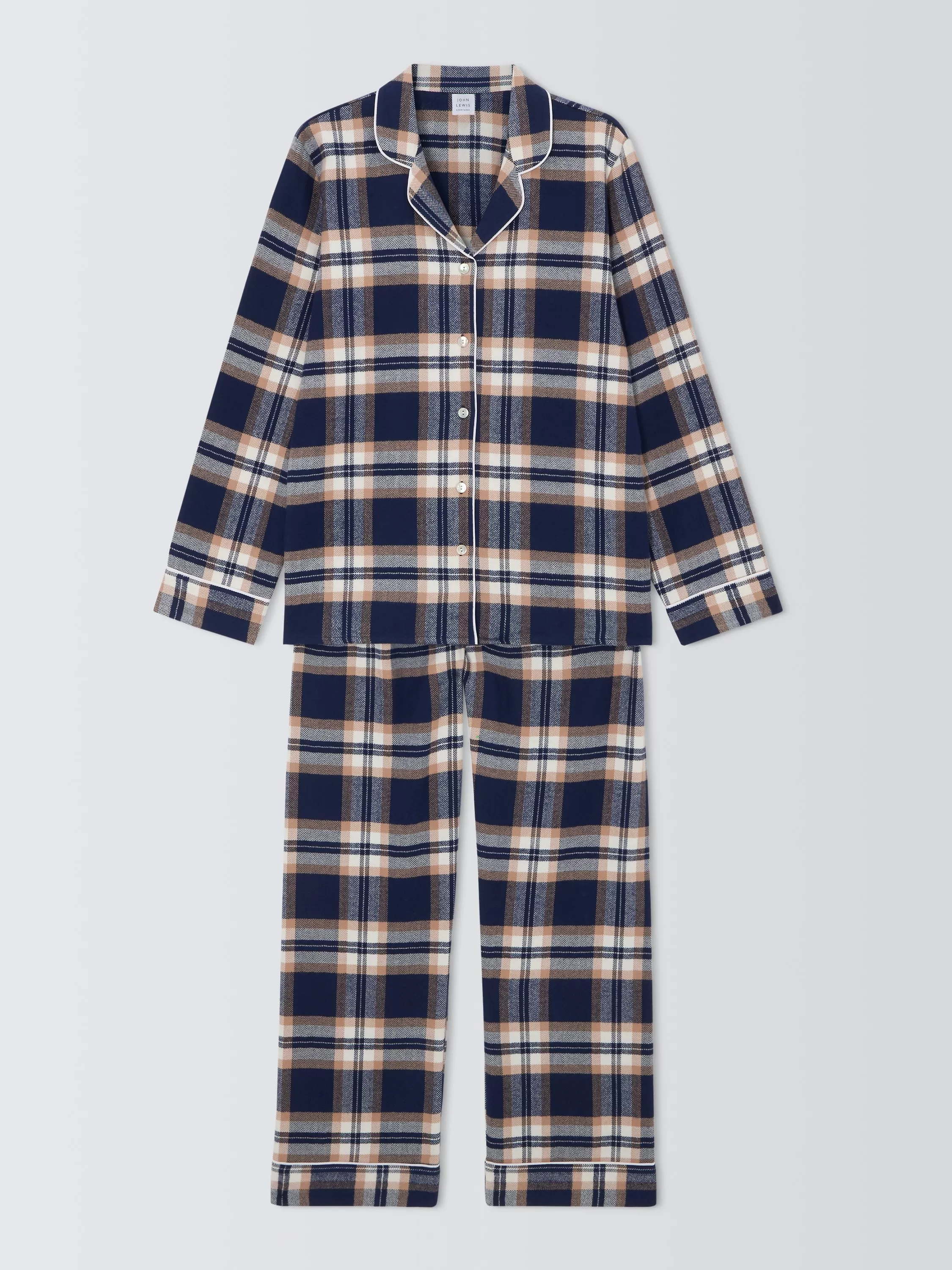 John Lewis Plaid Check Brushed Cotton Yarn Dye Pyjama Set Navy Toffee