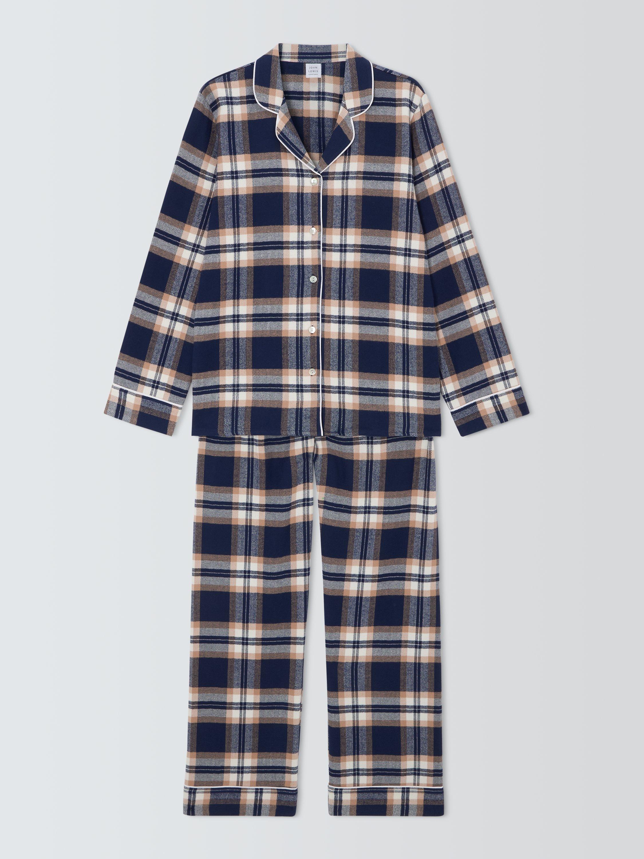 John Lewis Plaid Check Brushed Cotton Yarn Dye Pyjama Set Navy Toffee