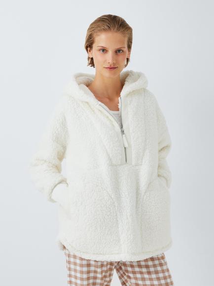 John Lewis Half Zip Borg Lounge Top, Ivory